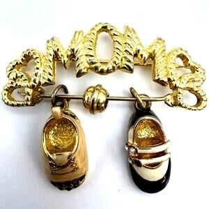 VTG FIRENZA MOM Brooch 2 Baby Shoes Mary Jane Boy Girl Gold Tone Made In Italy